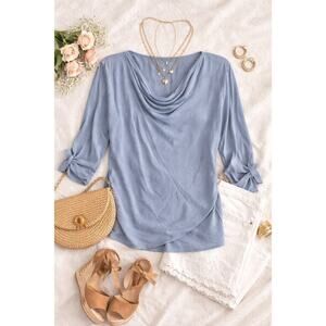 Arianna By Howards Dusty Blue Drape Cowl Neck Top Long Sleeve Rayon Blend XL